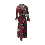 EVE Plus Size Casual Printed Long Sleeve Sashes Maxi Dress HGL-1676