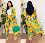 EVE Plus Size Casual Printed Long Cloak And Pants 2 Piece Sets (Without Vest ) NY-8576