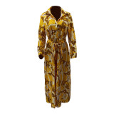 EVE Plus Size Casual Printed Long Sleeve Sashes Maxi Dress HGL-1676
