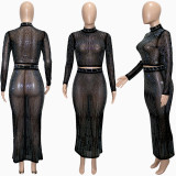 EVE Sexy Hot Drilling Long Sleeve Maxi Skirt 2 Piece Sets SH-390227