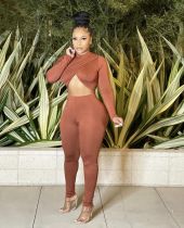 EVE Solid Sexy Crop Top And Pants Slim Two Piece Sets HMS-5519