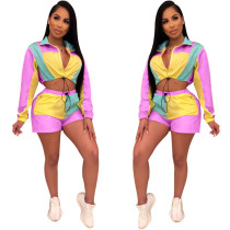 EVE Color Block Long Sleeve Shorts Sports Casual Two Piece Sets OSM-5240