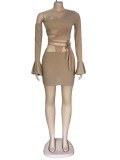 EVE Solid Color Oblique Shoulder Flared Sleeve Lace-up Skirt Two Piece Sets OSM-4339