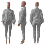 EVE Solid Fleece Zipper Sweatshirt Pants Two Piece Sets NIK-265