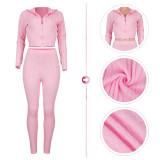 EVE Solid Color Sweater Hooded Coat And Pants Two Piece Sets PN-6738