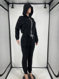 EVE Plus Size Casual Plush Hooded Zipper Two Piece Pants Set CQ-091