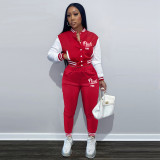 EVE Pink Letter Print Baseball Jacket And Pants 2 Piece Sets AWN-5233