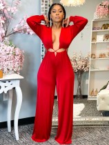 EVE Solid Hollow Out Long Sleeve Loose Jumpsuit ZMDF-9145