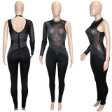 EVE Sexy Hot Drilling Mesh See Through One Shoulder Jumpsuit SH-390212
