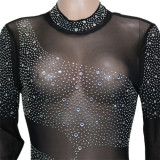 EVE Sexy Hot Drilling Mesh See Through Long Sleeve Jumpsuit SH-390220