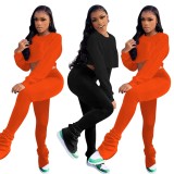 EVE Solid Long Sleeve Crop Top Pile Pants 2 Piece Sets YD-8544