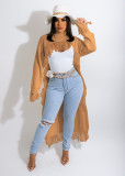EVE Solid Knitted Tassel Long Sleeve Irregular Sweater Top TR-1188