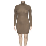 EVE Plus Size Solid Ribbed Knit High Collar Mini Dress ONY-5110