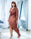 EVE Plus Size Solid Sexy Ruched V Neck Irregular Long Dress NYF-8092