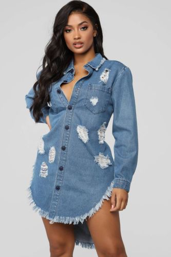 EVE Plus Size Denim Ripped Hole Irregular Shirt Dress LX-3617