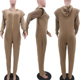 EVE Solid Knitted Hooded Long Sleeve Zipper Skinny Jumpsuit TK-6207