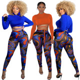 EVE Casual Long Sleeve Bandage Top+Printed Pants 2 Piece Sets APLF-5093