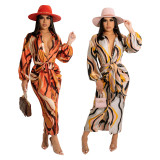 EVE Casual Printed Long Sleeve Sashes Maxi Dress BS-1296