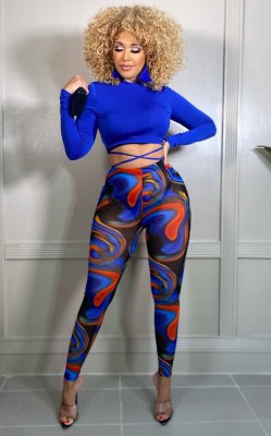 EVE Casual Long Sleeve Bandage Top+Printed Pants 2 Piece Sets APLF-5093