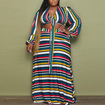 EVE Plus Size Colorful Stripe Full Sleeve Long Skirt 2 Piece Sets CYA-1785