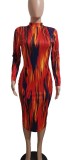 EVE Tie Dye Print Long Sleeve Slim Midi Dress BYMF-60089