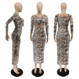 EVE Leopard Print Drawstring Long Sleeve Maxi Dress CJF-BC3031