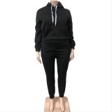 EVE Plus Size Solid Fleece Hoodies Sports 2 Piece Pants Set WAF-77330