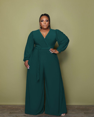 EVE Plus Size Solid V Neck Wide Leg Sashes Jumpsuit MX-9125