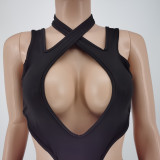 EVE Sexy Sleeveless Hollow Bodysuit+Mesh Shorts 2 Piece Sets CJF-BC3023