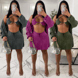 EVE Sexy Knitted Long Sleeve Cloak+Bra Top+Mini Skirt 3 Piece Sets LP-66322