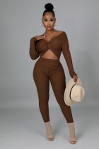 EVE Solid Ribbed Knotted Long Sleeve 2 Piece Sets APLF-2031