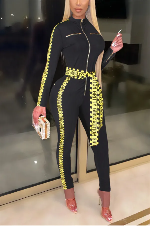 EVE Letter Print Patchwork Zipper Sashes Jumpsuit ZSD-0500