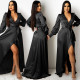 EVE Sexy V Neck Long Sleeve Split Maxi Dress BY-5373