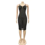 EVE Sexy Hot Drilling Cross Strap Night Club Dress (Without Underpants) BY-5313