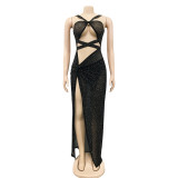 EVE Sexy Mesh Hot Drilling Hollow Bandage Split Long Club Dress BY-5349