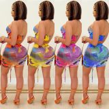 EVE Sexy Mesh Printed Tube Top Drawstring Mini Skirt 2 Piece Sets BY-5173