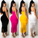 EVE Sexy Solid Tassel Ruched Spaghetti Strap Midi Dress BY-5225