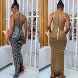EVE Sexy Hot Drilling See Through Backless Club Maxi Dress BY-5259