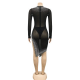 EVE Sexy Mesh Hot Drilling Hollow Split Night Club Dress (With Underpants) BY-5207