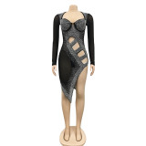 EVE Sexy Mesh Hot Drilling Hollow Split Night Club Dress (With Underpants) BY-5207