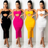 EVE Sexy Solid Tassel Ruched Spaghetti Strap Midi Dress BY-5225