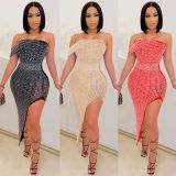 EVE Sexy Hot Drilling Off Shoulder Irregular Long Club Dress BY-5046