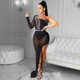 EVE Sexy Hot Drilling Mesh One Shoulder Irregular Long Club Dress BY-5028