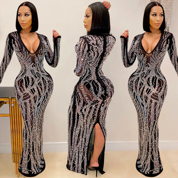 EVE Sexy Mesh Hot Drilling Long Sleeve Maxi Club Dress BY-5002