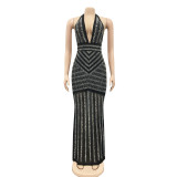 EVE Sexy Hot Drilling Deep V Halter Maxi Evening Dress BY-3816