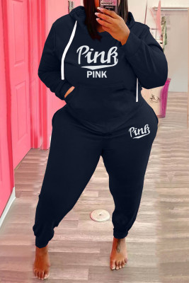 EVE Plus Size Pink Letter Fleece Hooded 2 Piece Pants Set WAF-77360P330