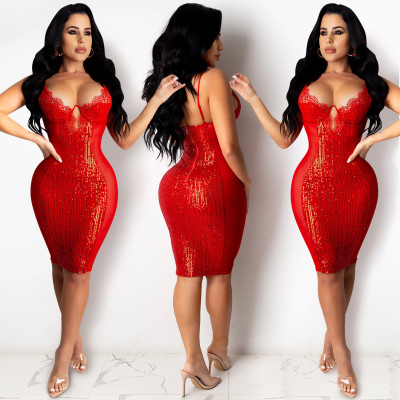 EVE Sexy Sequins Spagheti Strap Night Club Dress BY-3899