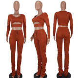 EVE Solid Long Sleeve Hollow Top Stacked Pants 2 Piece Sets QZYD-1094