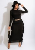 EVE Plus Size Solid Tassel Long Sleeve Maxi Dress HNIF-066