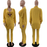EVE Solid Ribbed Bra Top+Cloak Coat+Split Pants 3 Piece Sets MOF-6659